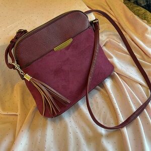 Women’s dark magenta purse, suede and leather, lightweight